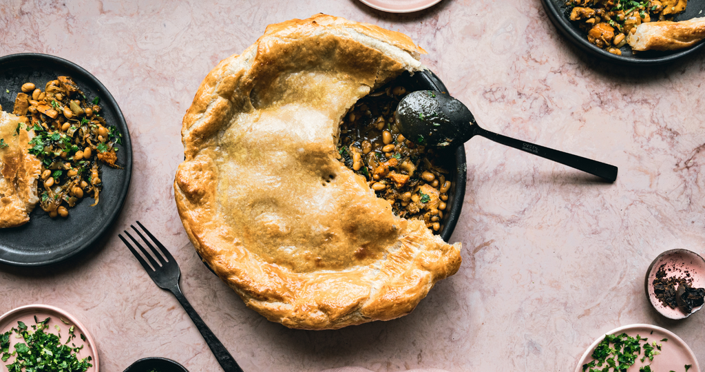 Root Vegetable, Fried Herbs and Black Lime Butter Pot Pie with Gremolata