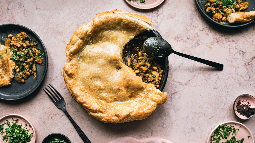 Root Vegetable, Fried Herbs and Black Lime Butter Pot Pie with Gremolata
